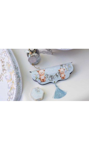 Trusou de botez cu eucalipt si ursuleti pe fundal bleu mint Little Blue Bear 22